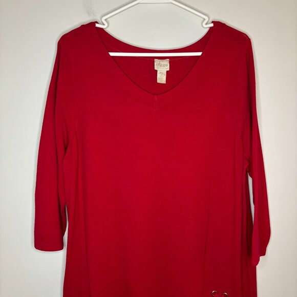 CHICO'S V-Neck Tunic Womens L 3/4 Sleeve Red Lace Up Detail - Picture 3 of 7
